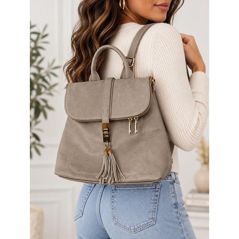 Miztique Boho Diana Utilitarian Backpack Purse Taupe Vegan Leather Tassel Gold